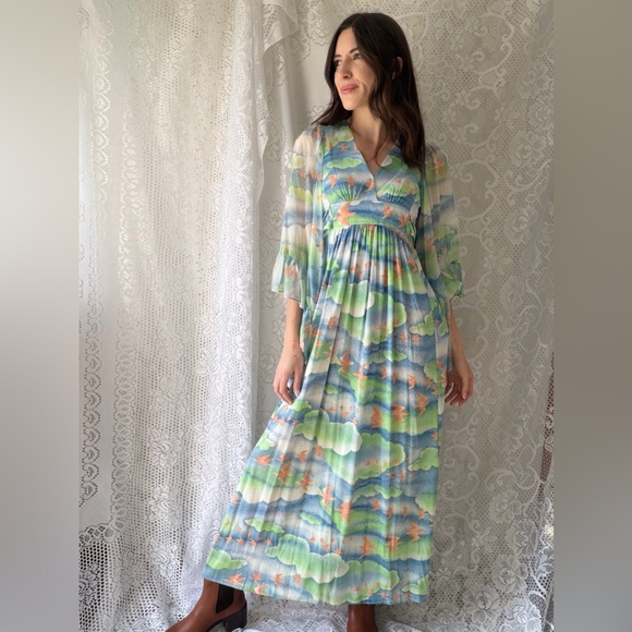 Vintage 70s Bird Print Cloudscape Maxi Dress Boho Flutter Sleeve Empire Waist - Picture 8 of 17